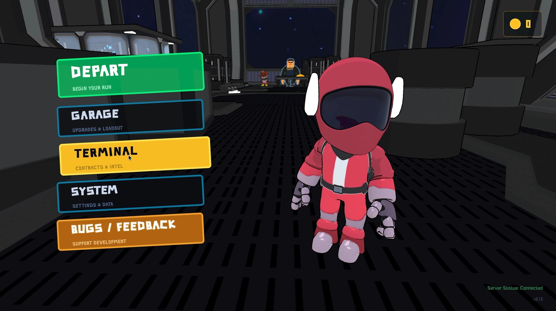 StarDrift Delivery: Main hub menu with Depart, Garage, Terminal options beside red-suited pilot in hangar.