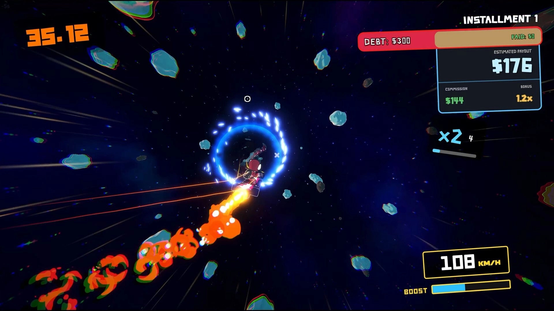 StarDrift Delivery: Ship boosts through asteroid field into blue warp ring, debt and speed HUD in space.