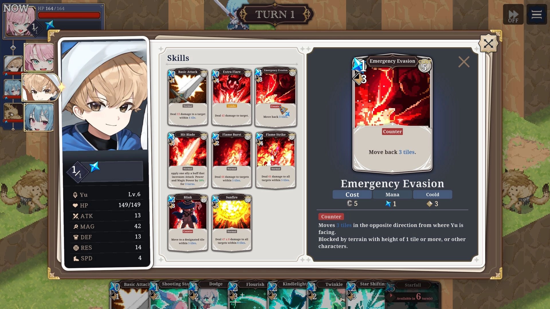 STARDUST: Yu's skill menu with detailed stats and ability cards in a forest setting during turn 1.
