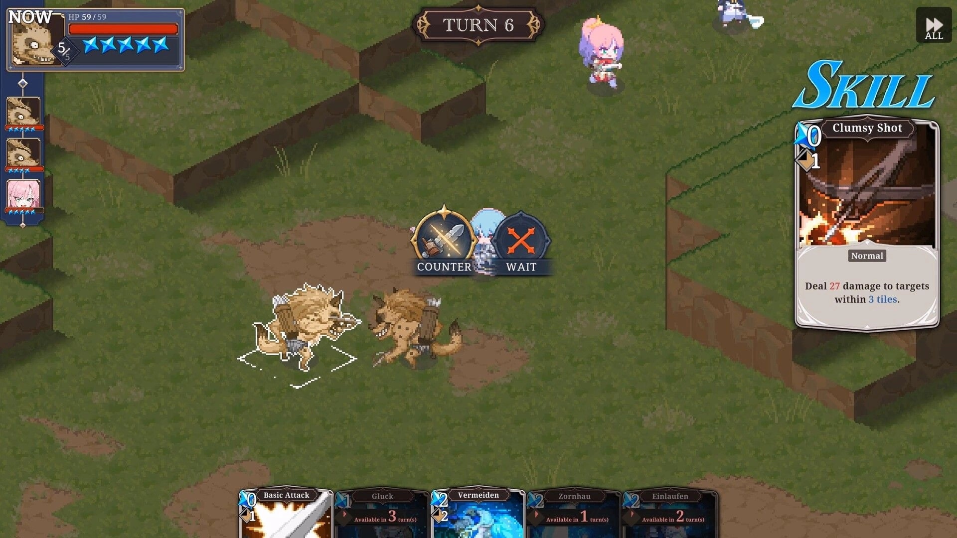 STARDUST: Yu prepares "Clumsy Shot" skill against monsters on grassy battlefield, turn 6 in progress.