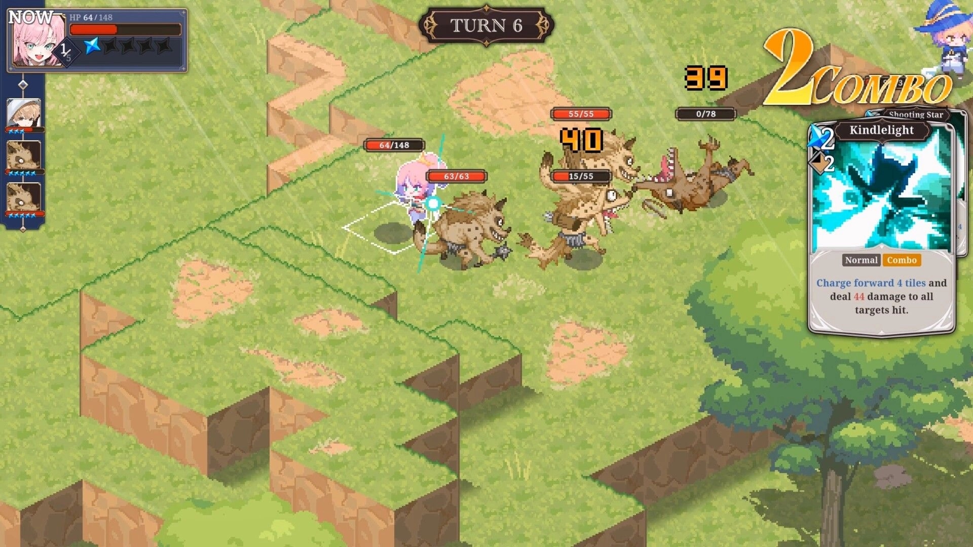 STARDUST: Star battles monsters in turn-based combat with spell card details in grassy terrain.