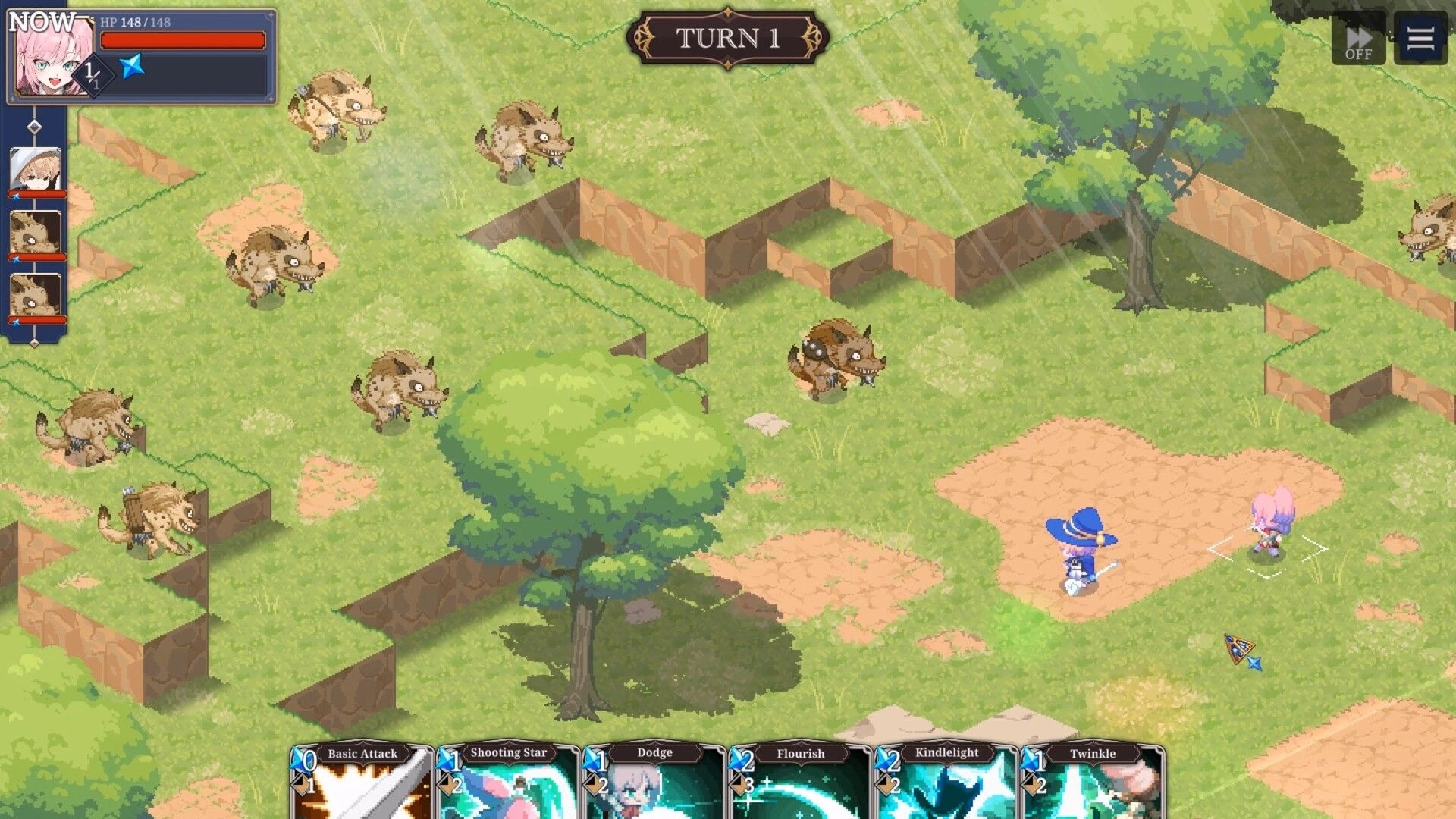 STARDUST: Yu and Star in turn-based battle against werewolves in a grassy, pixel-art meadow.