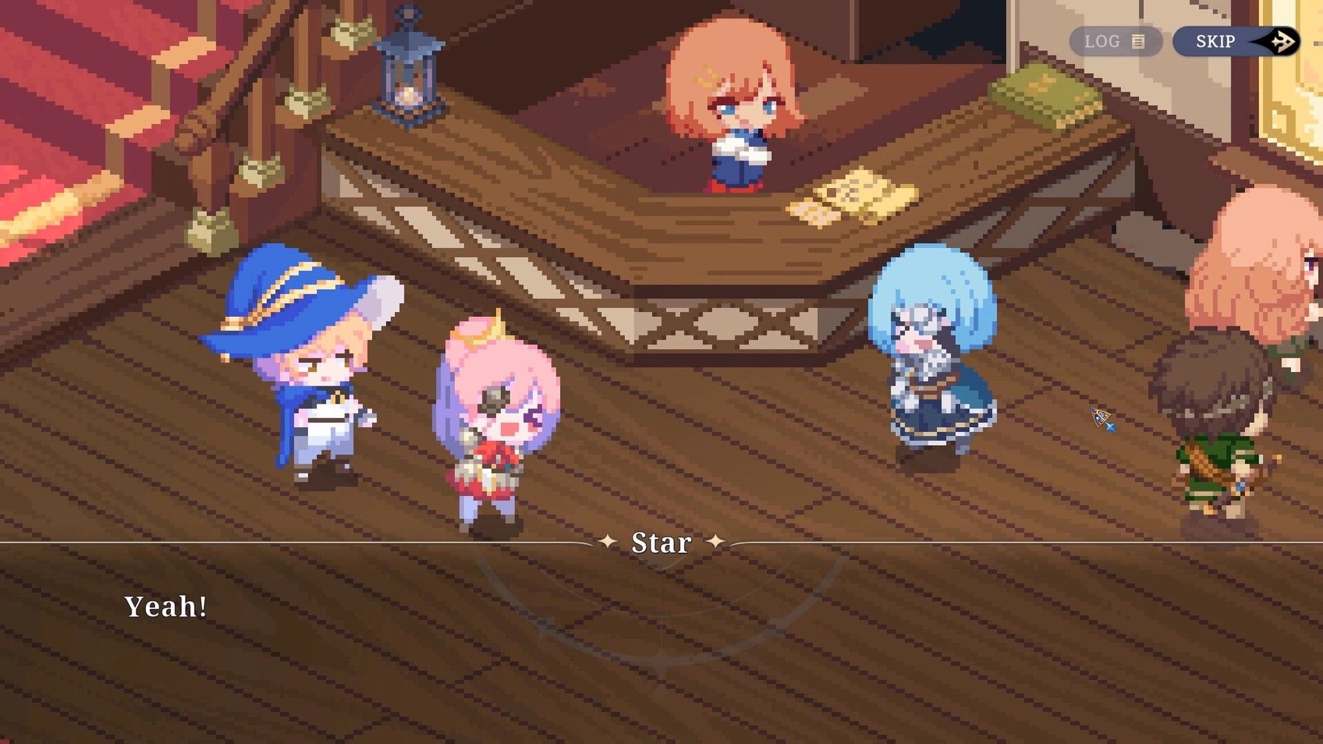 STARDUST: Characters Star and Yu in a cozy tavern, engaging in dialogue with others around a wooden counter.