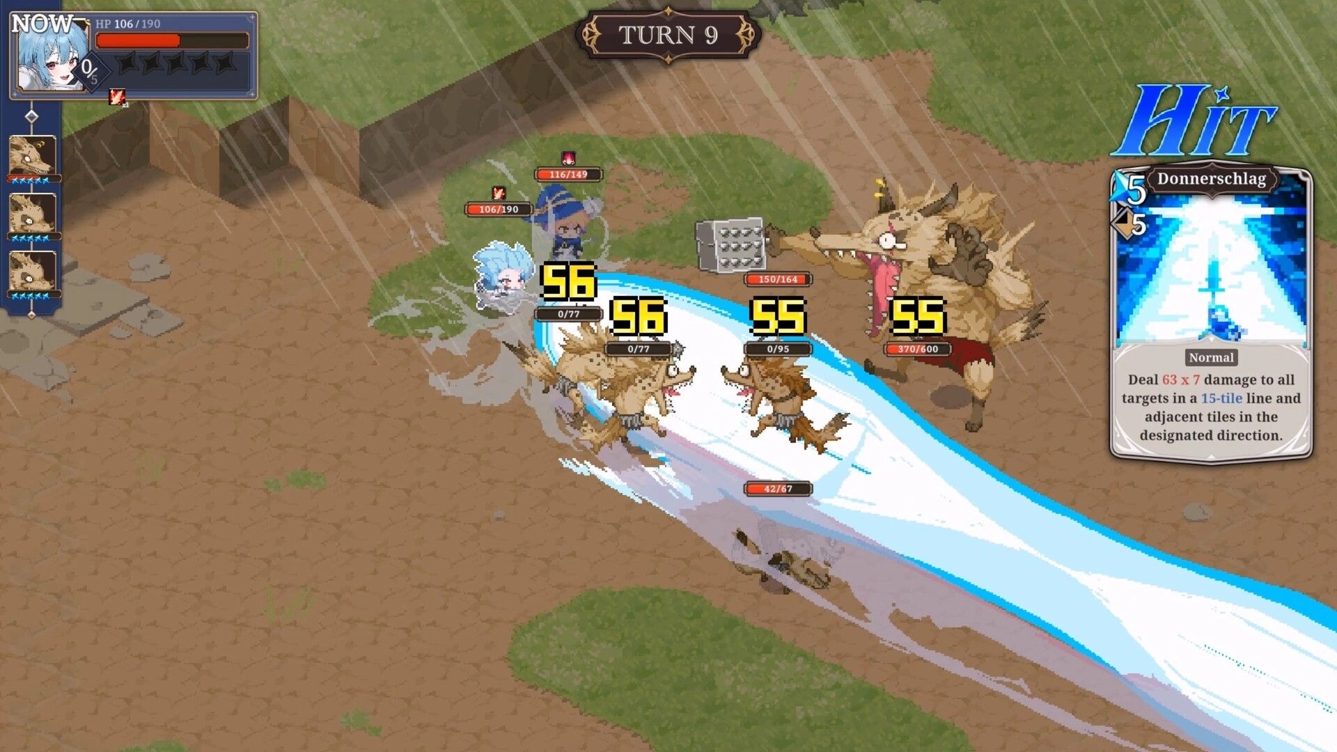 STARDUST: Yu casting Donnerschlag spell against wolves in a rainy terrain during turn 9 battle.
