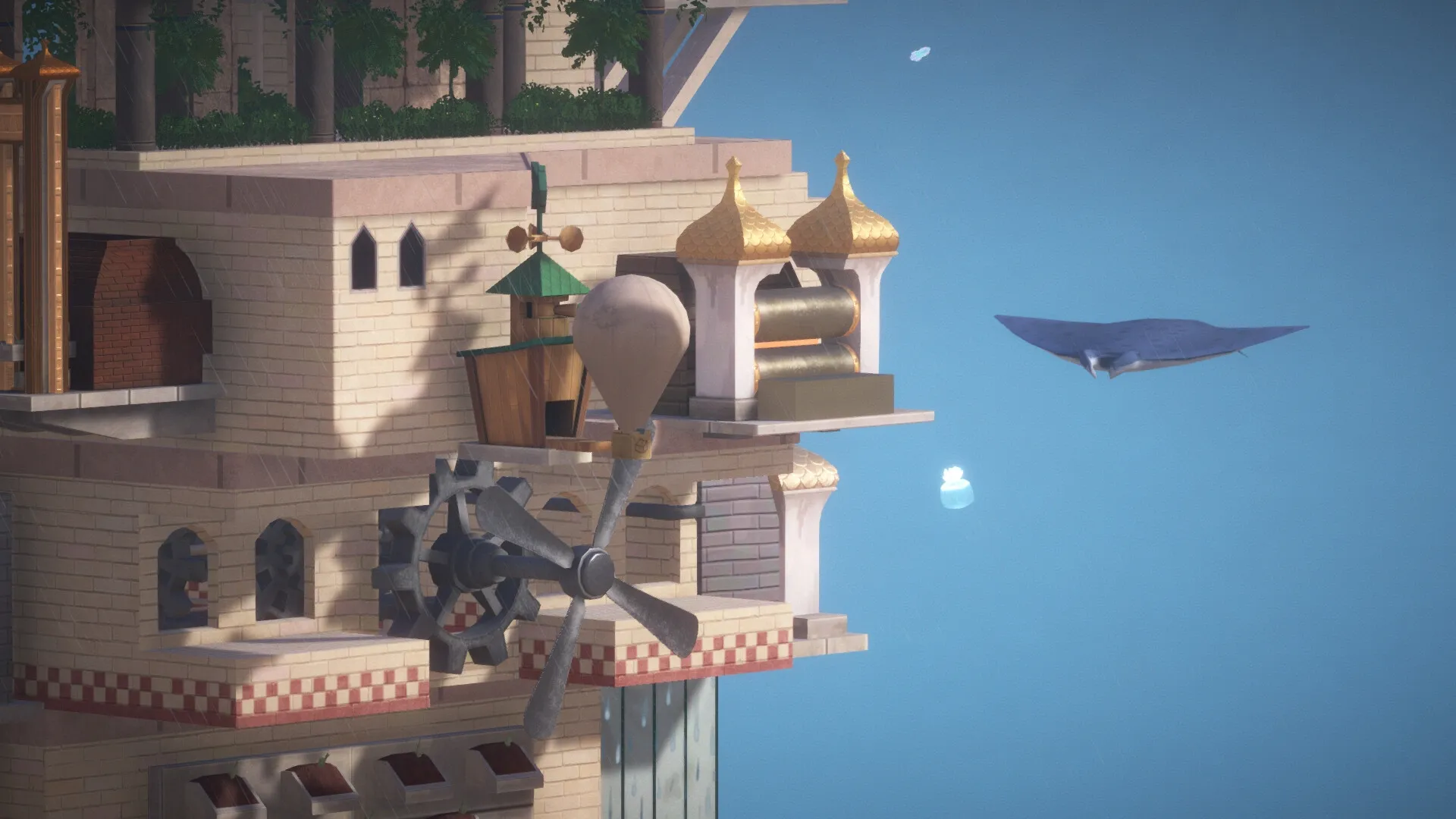 STARIO: Tower section with windmill, rooftop garden, and flying creature in clear sky environment