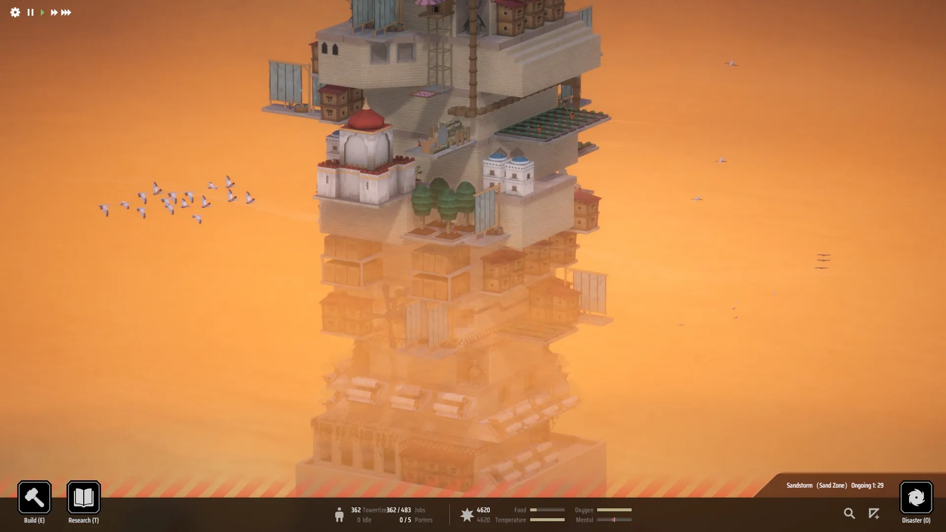 STARIO: Vertical city tower with diverse structures in a sandstorm, UI shows build and research options