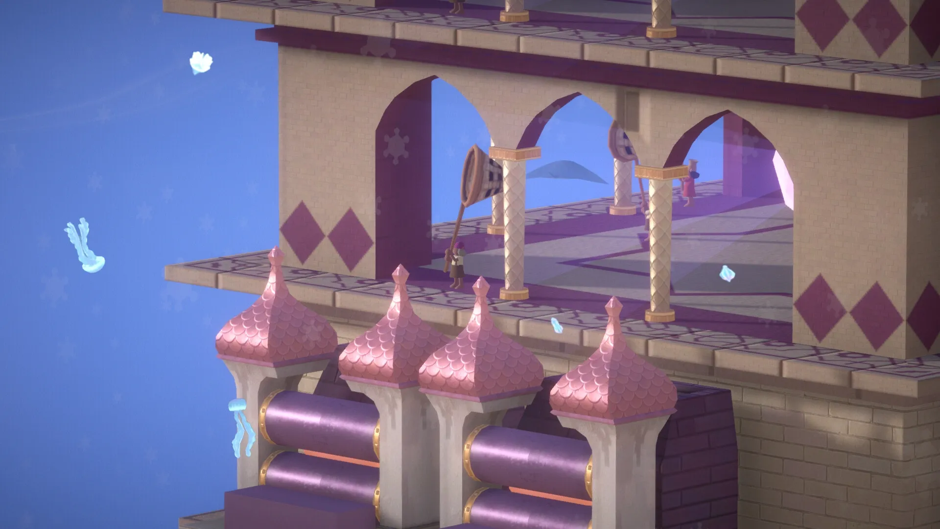 STARIO: Characters gather resources on a multi-level tower with floating creatures in the sky.