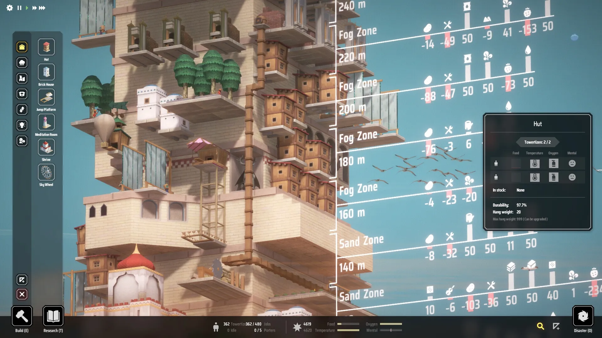 STARIO: Vertical city with various structures and trees in tower; UI with building options and stats visible.