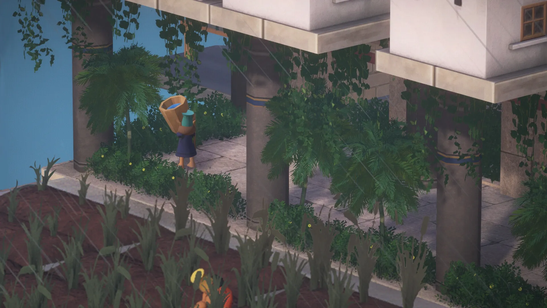 STARIO: Character carrying basket in lush garden setting beneath tower with hanging vines