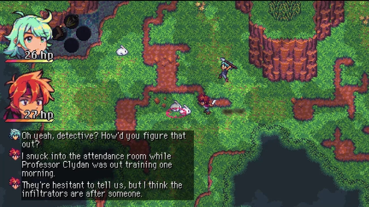 Starless Umbra: Dialogue and combat setup in pixelated forest with health bars and character avatars.