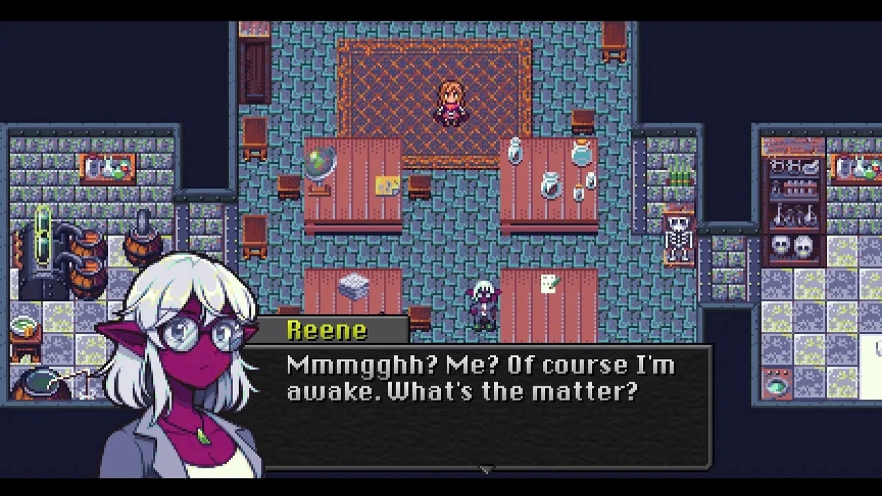 Starless Umbra: Reene in a laboratory with chemical equipment, tables, and skeleton in a tiled room.