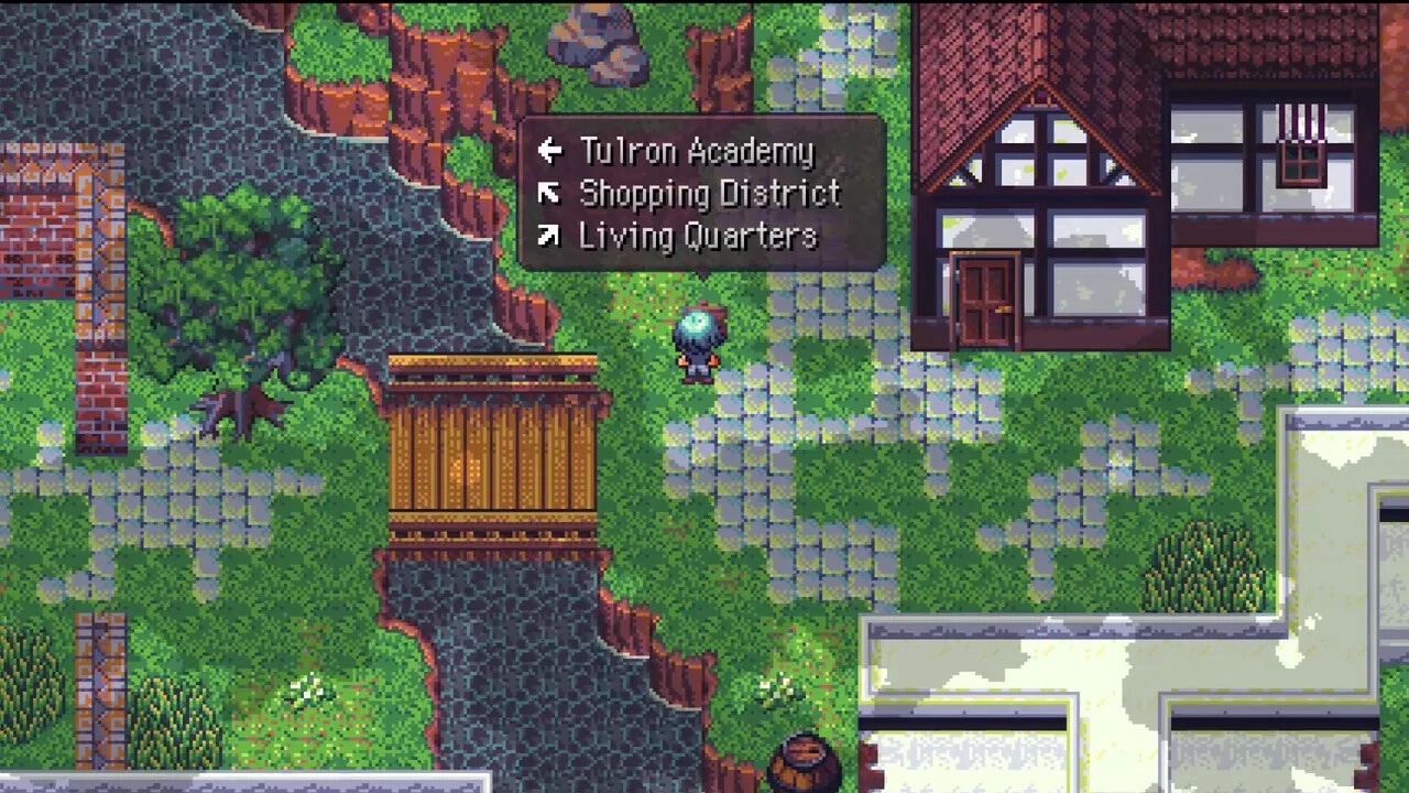 Starless Umbra: Character stands near a signpost with arrows to Tulron Academy, Shopping District, Living Quarters