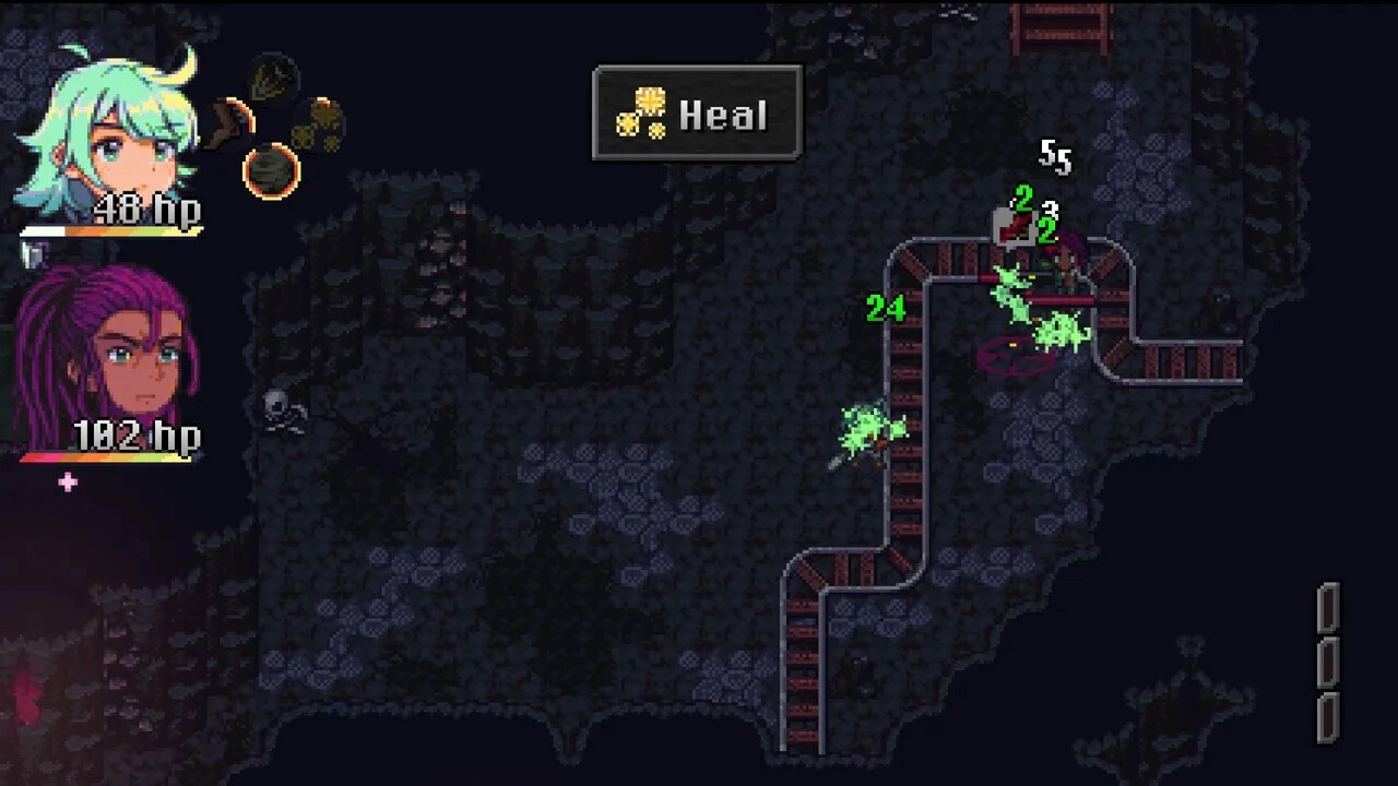 Starless Umbra: Two characters with health bars navigate a cave, using a heal menu option in combat.