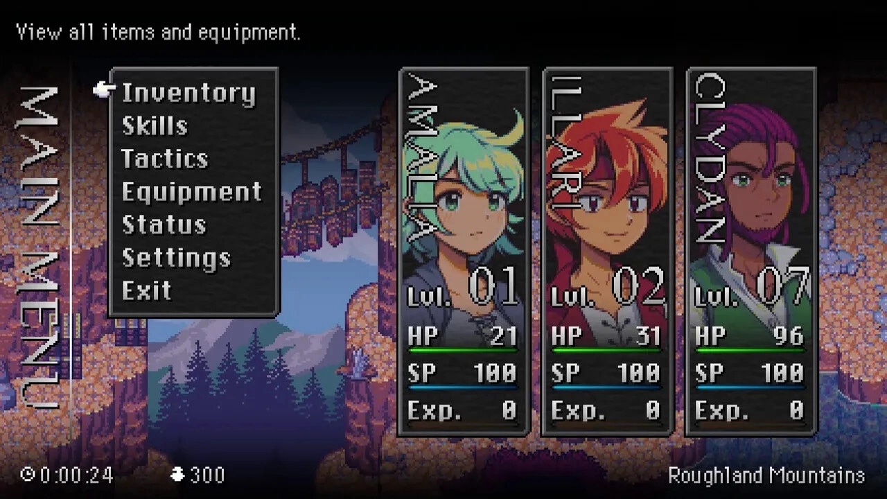 Starless Umbra: Main menu with inventory options and character stats in Roughland Mountains environment