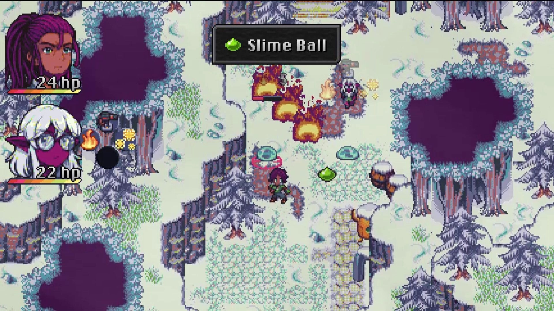 Starless Umbra: Characters battling slimes in a snowy forest with health bars and item drop shown