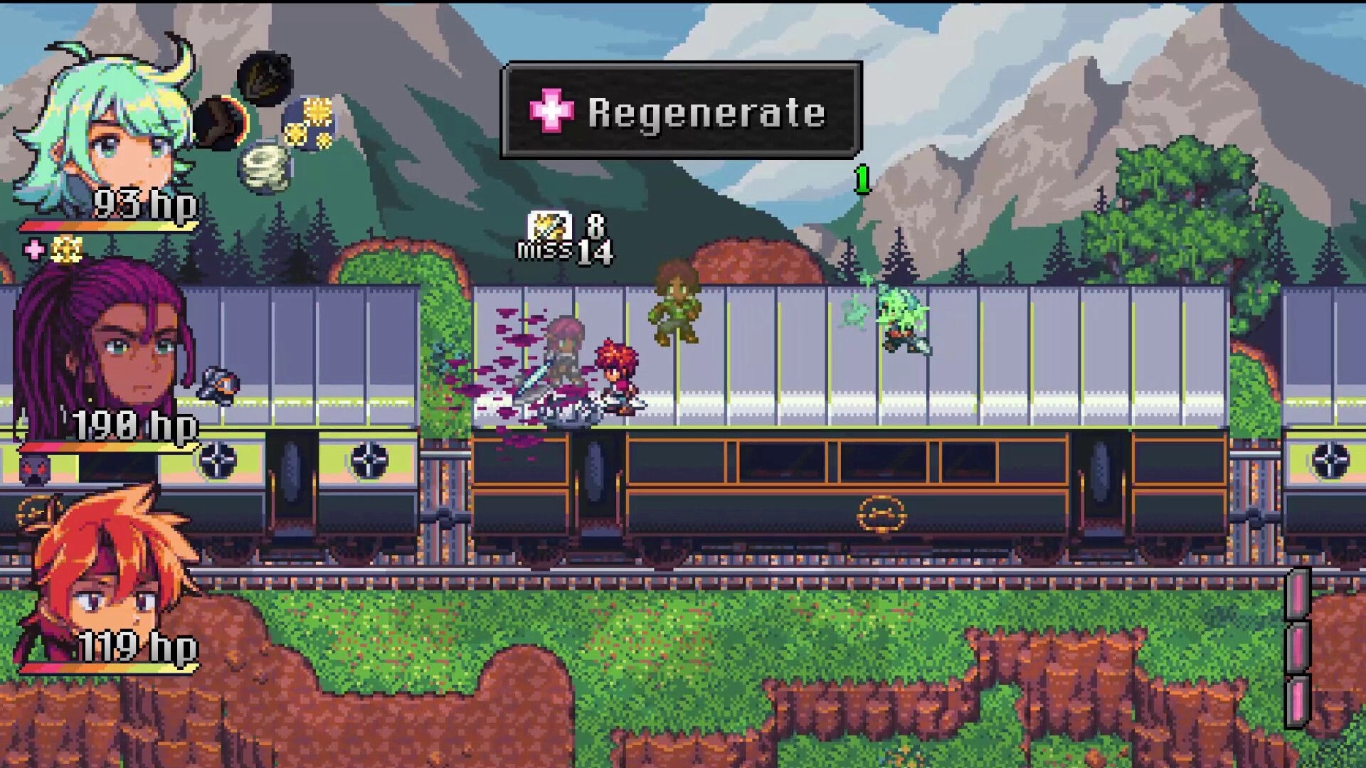 Starless Umbra: Character battle on a moving train with health bars and Regenerate effect visible