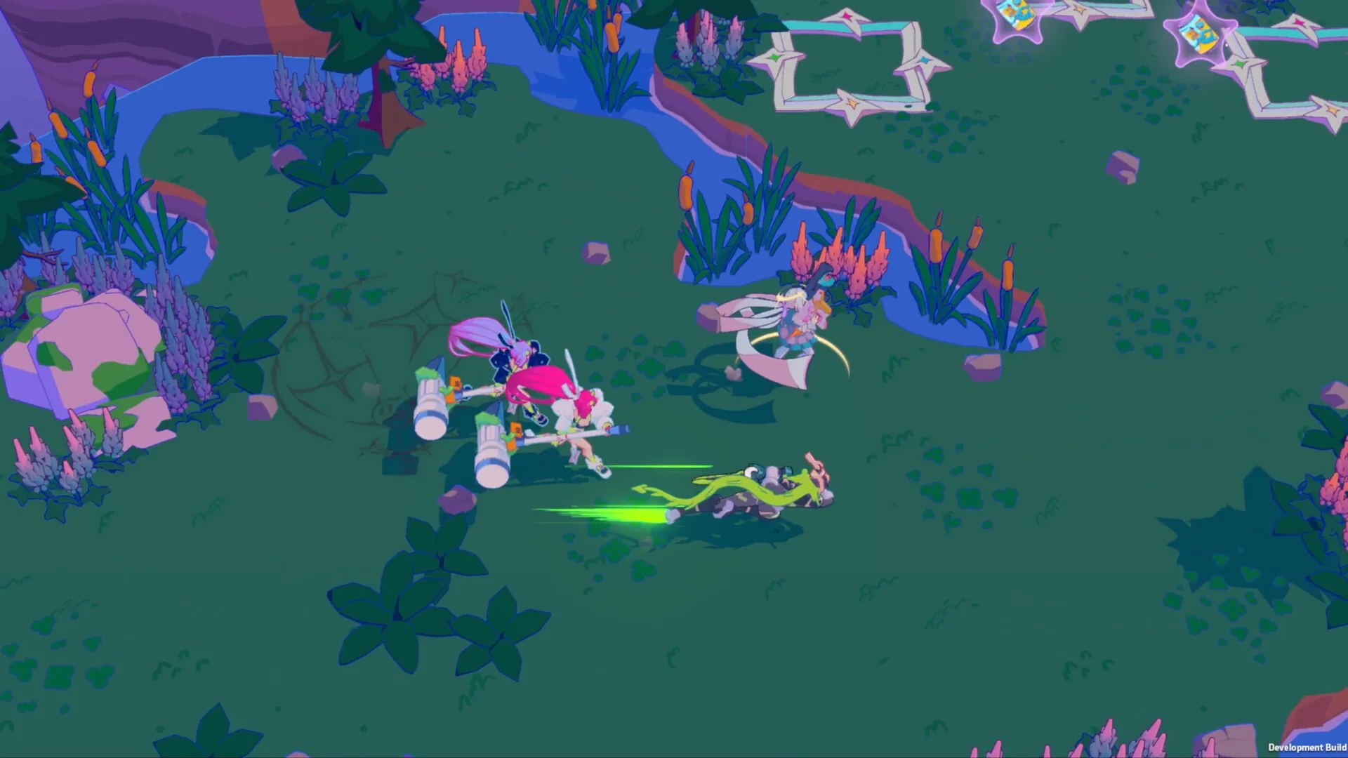 Starlight Re: Characters in combat with enemies in a lush, colorful forest environment.