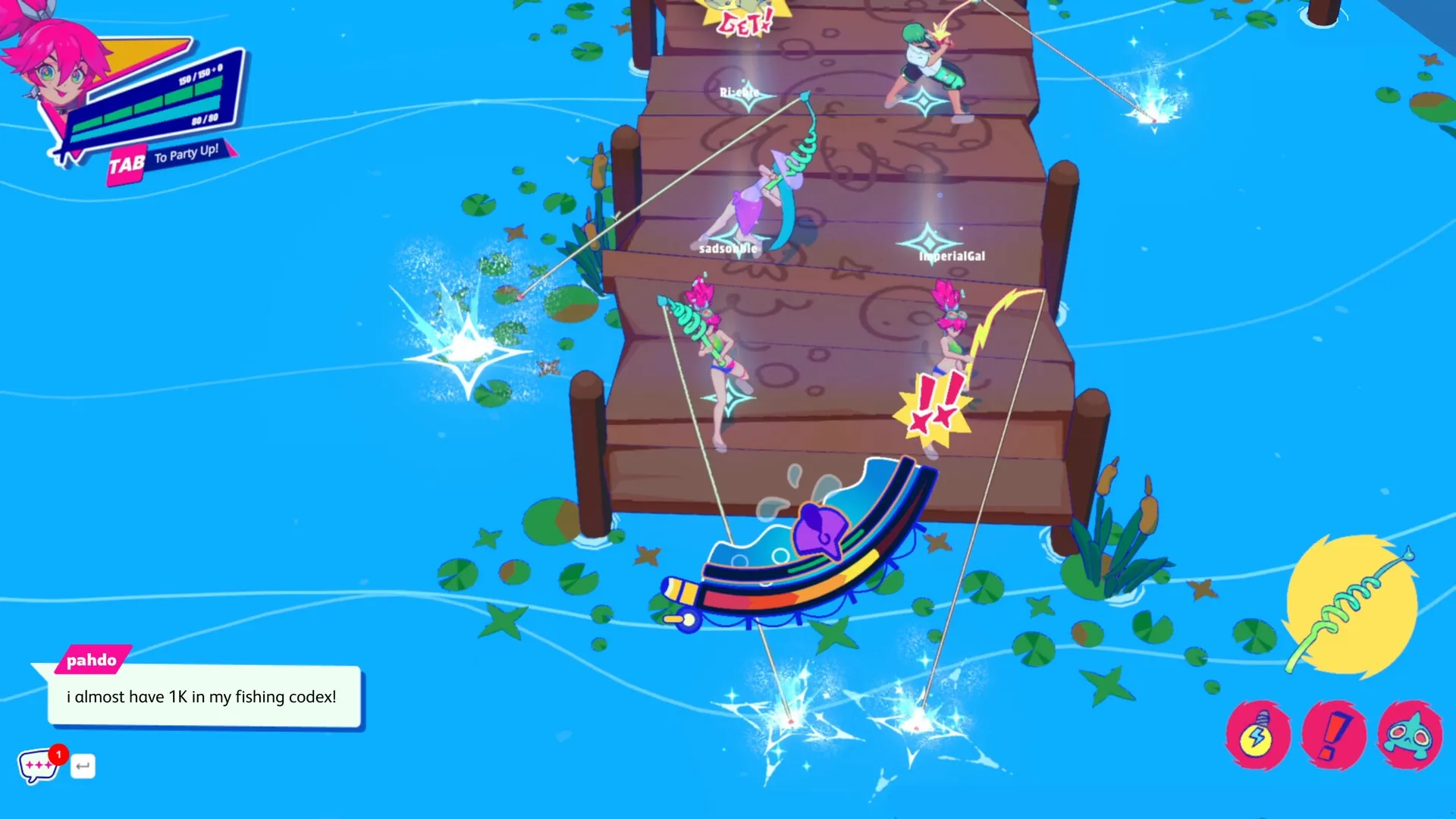 Starlight Re: Players fishing on a wooden dock with colorful UI elements and chat bubble visible.
