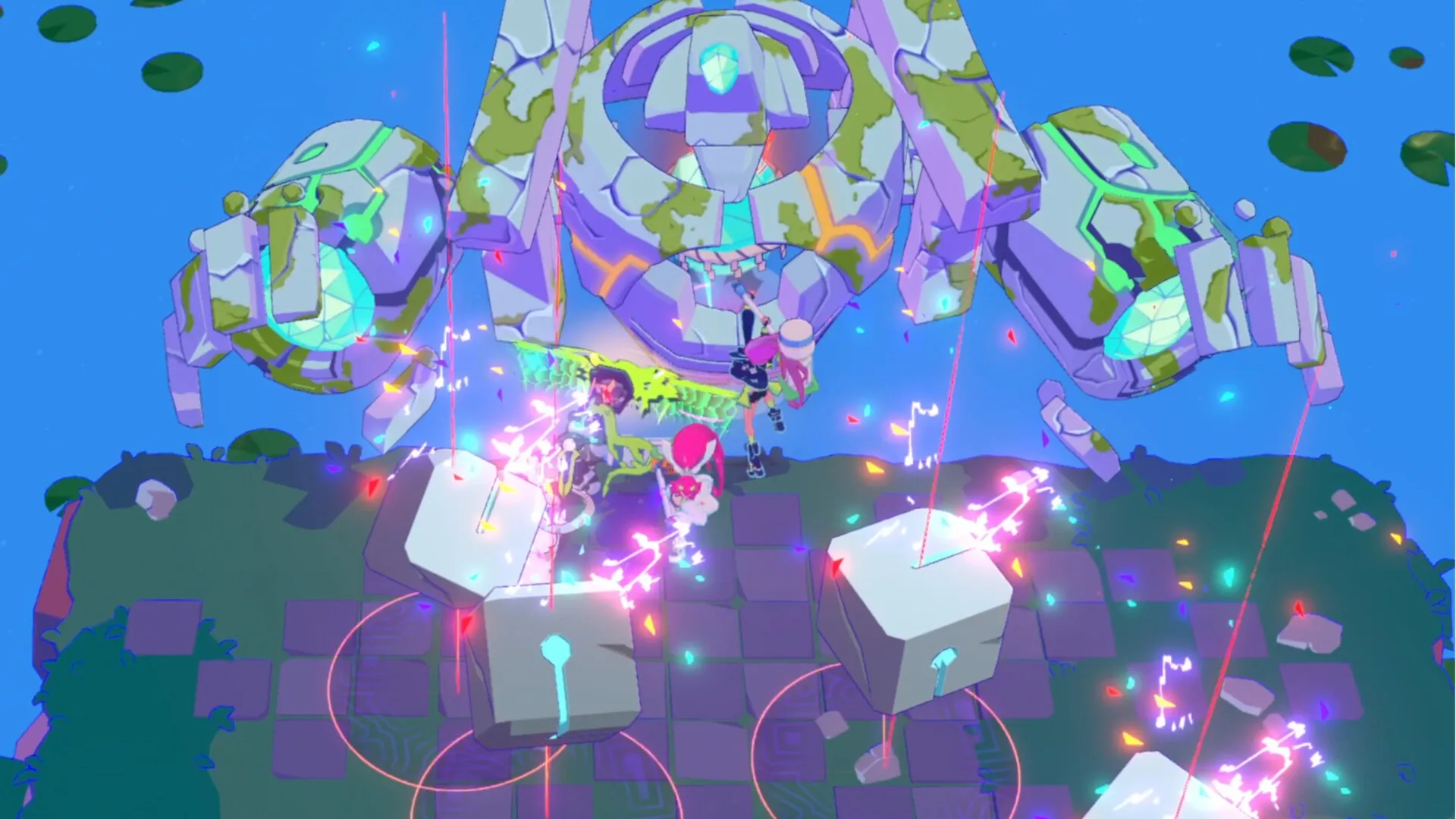 Starlight Re: Team of Divers battling a giant robotic boss on a vibrant, floating platform.