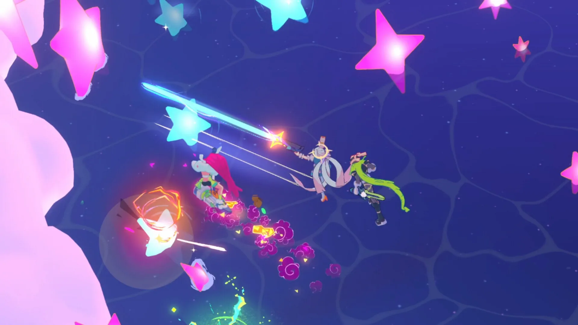Starlight Re: Two players battling colorful star creatures in a vibrant, dreamlike cosmic environment.