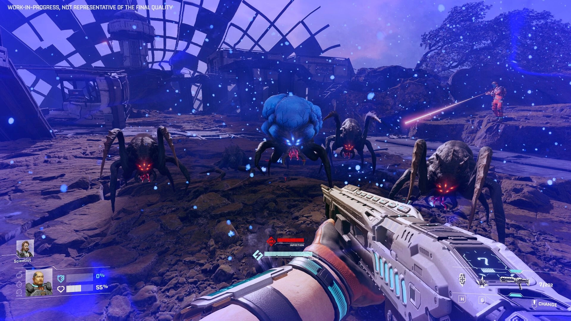 StarRupture: First-person view combat with alien creatures in a rocky, futuristic environment.