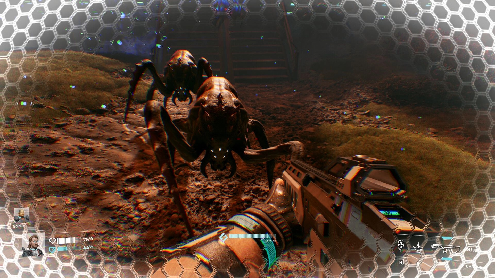 StarRupture: First-person view aiming at alien insect in rocky landscape with HUD displaying health and ammo