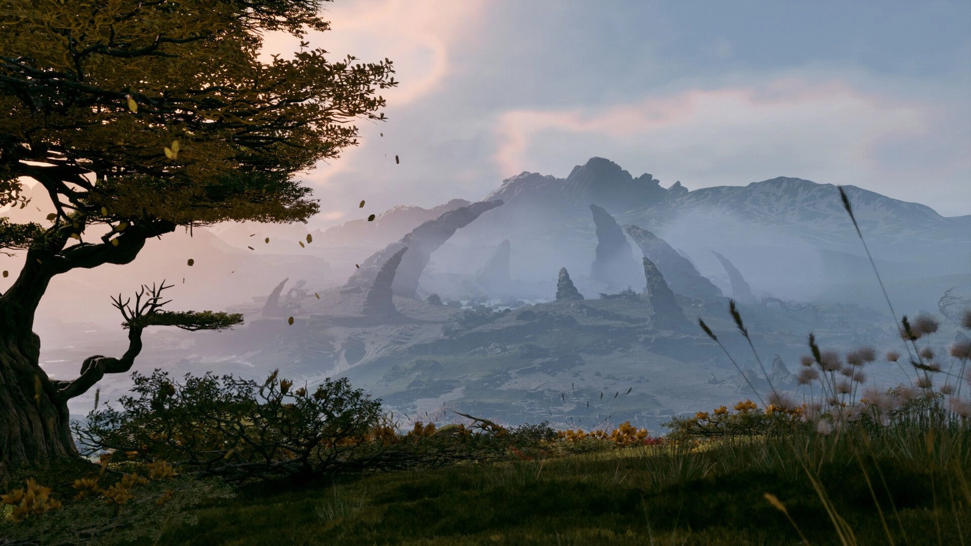 StarRupture: Vast landscape with twisted rock formations and a large tree in an open grassland setting
