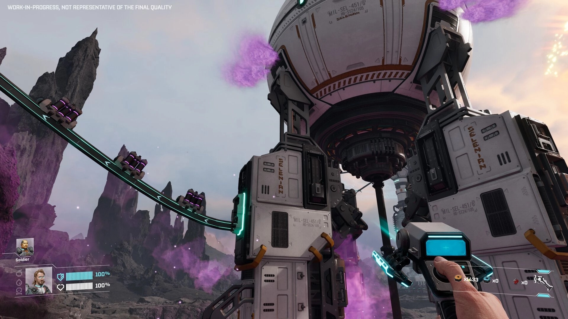 StarRupture: Player holds a futuristic tool near a massive industrial structure in a rocky alien landscape.