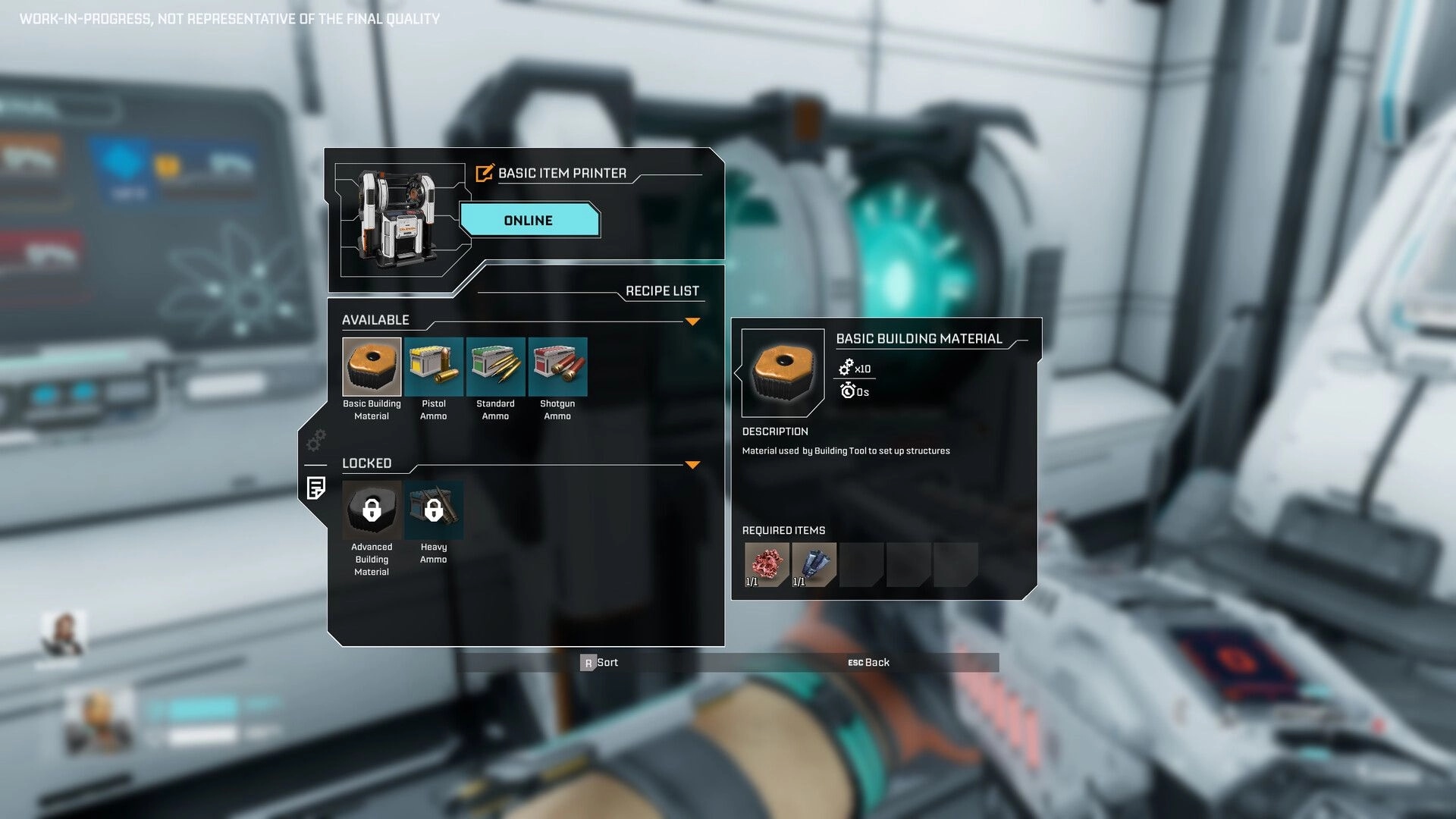 StarRupture: Basic item printer interface with available and locked materials in futuristic lab setting