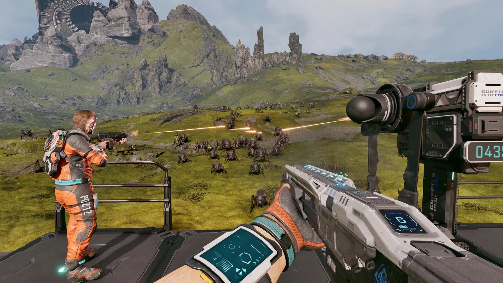 StarRupture: First-person combat with ally shooting alien creatures on grassy hillside with ruins visible