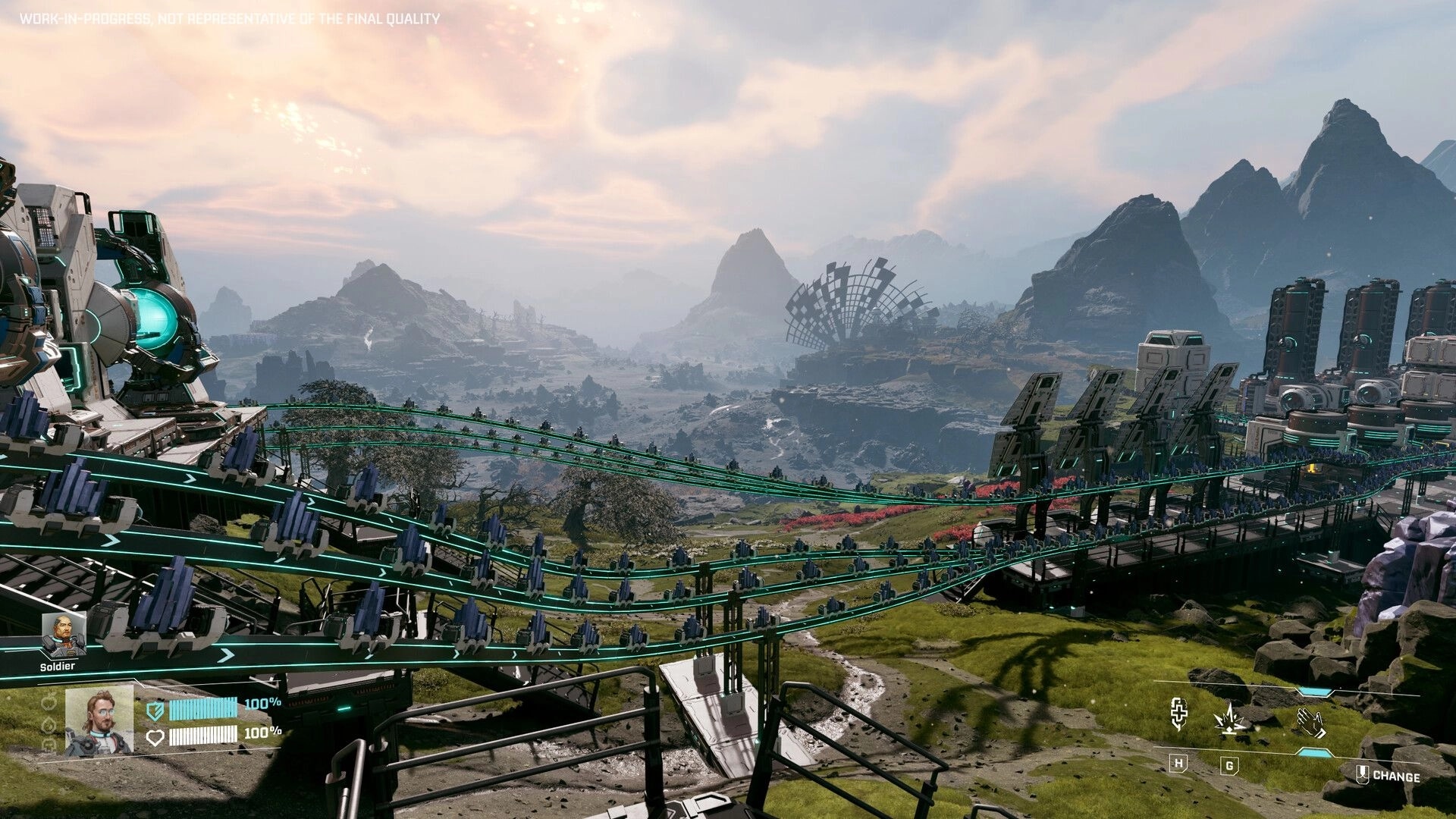 StarRupture: Player view of an industrial base with conveyor belts and distant mountains in the background.