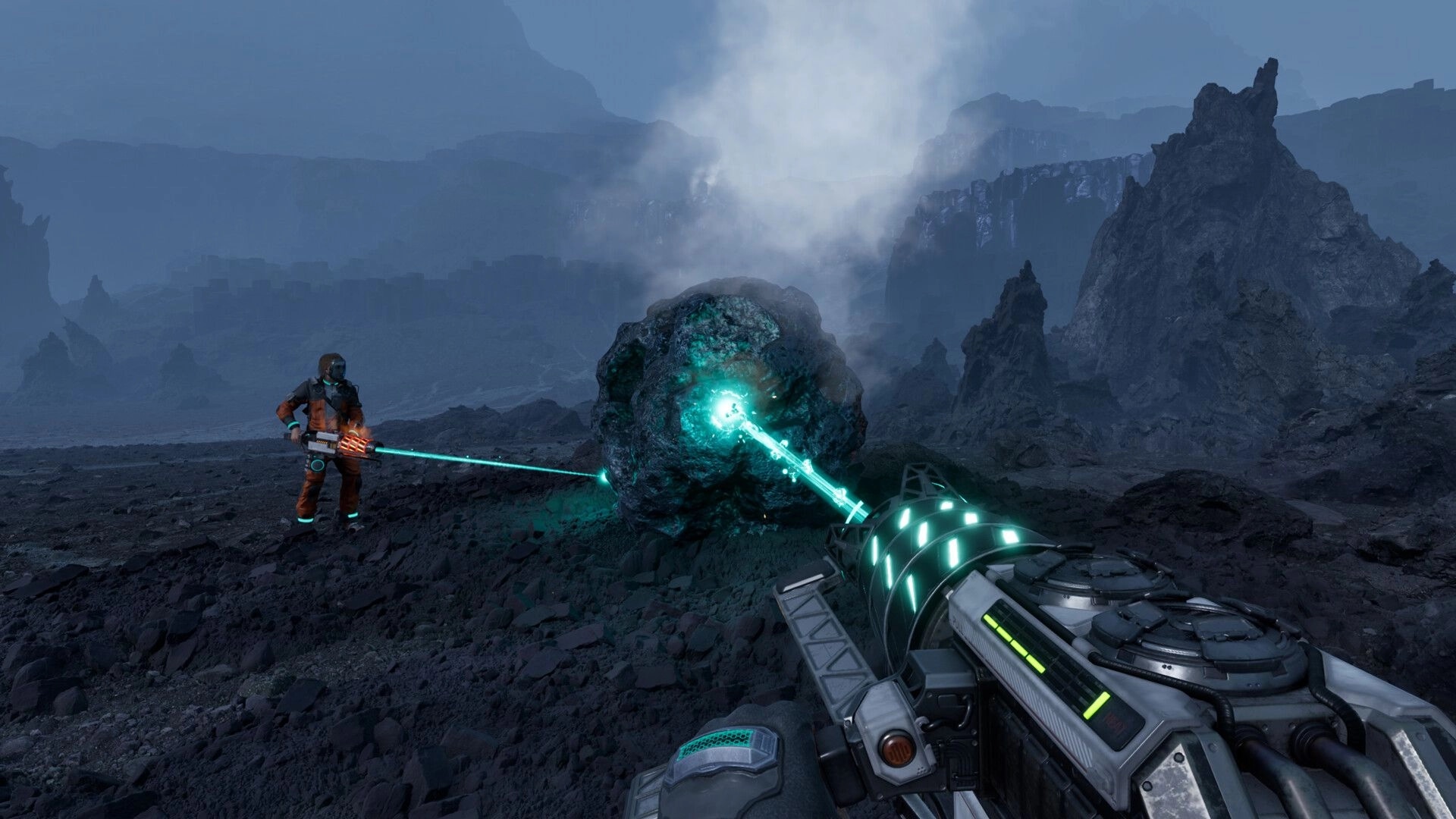 StarRupture: Player mining glowing rock with laser tool in rugged alien landscape