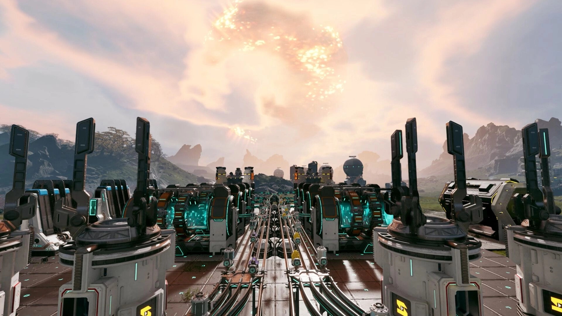 StarRupture: Advanced industrial complex setup with energy conduits on an alien planet under glowing sky