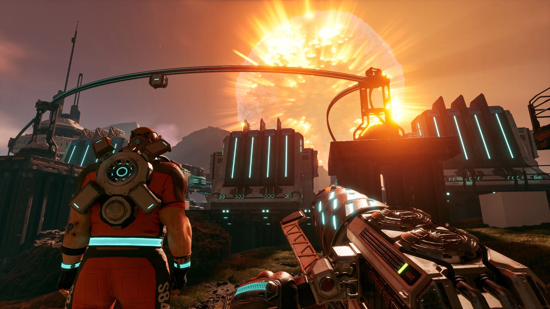 StarRupture: Player observes industrial complex with glowing structures under a massive fiery sun.