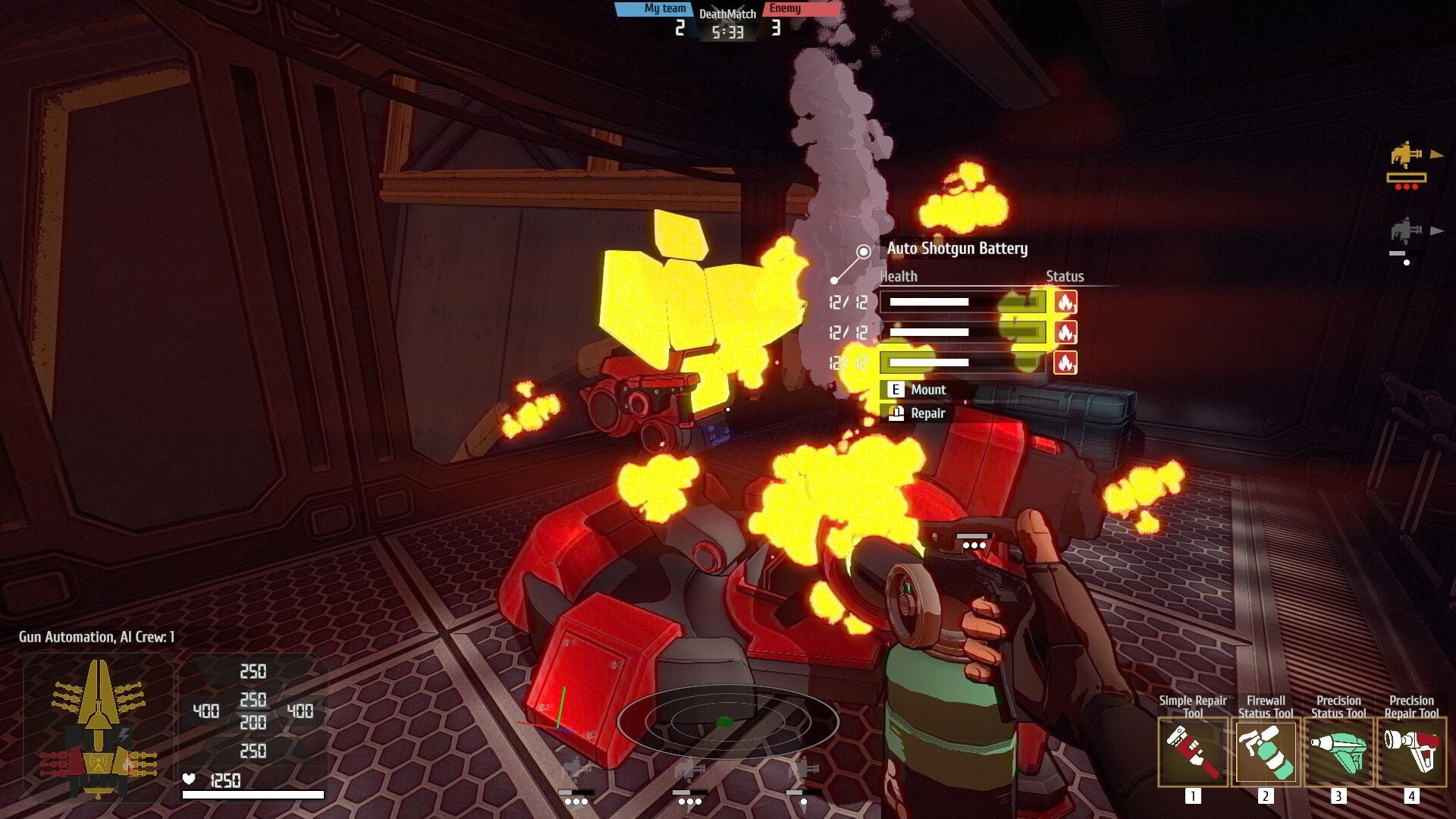 Stars of Icarus: Repairing a burning auto shotgun battery inside a ship corridor with deathmatch UI.