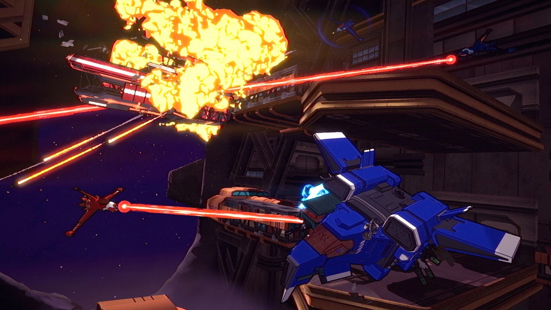 Stars of Icarus: Blue fighter strafes a station as red laser fire sparks a ship explosion in space.