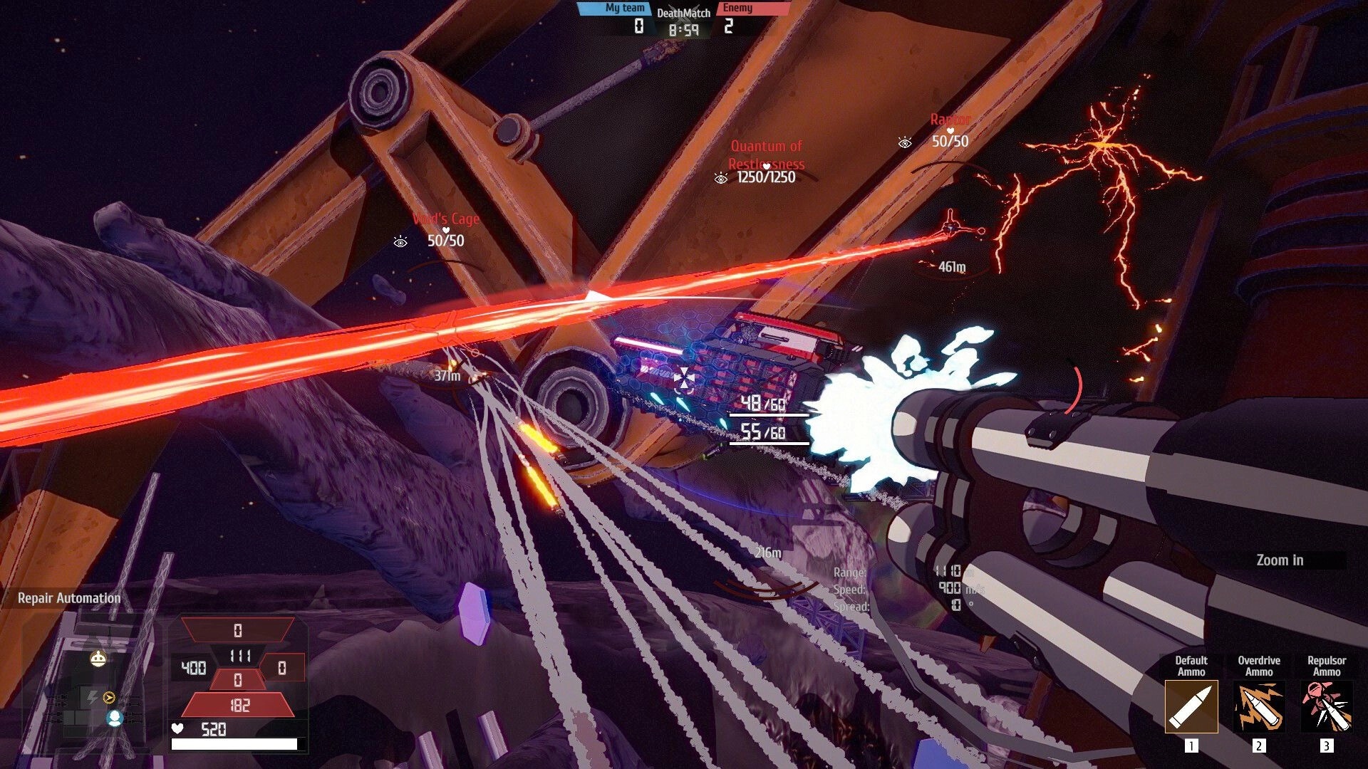 Stars of Icarus: First-person turret firing at enemy ship amid asteroids, Deathmatch score UI visible.