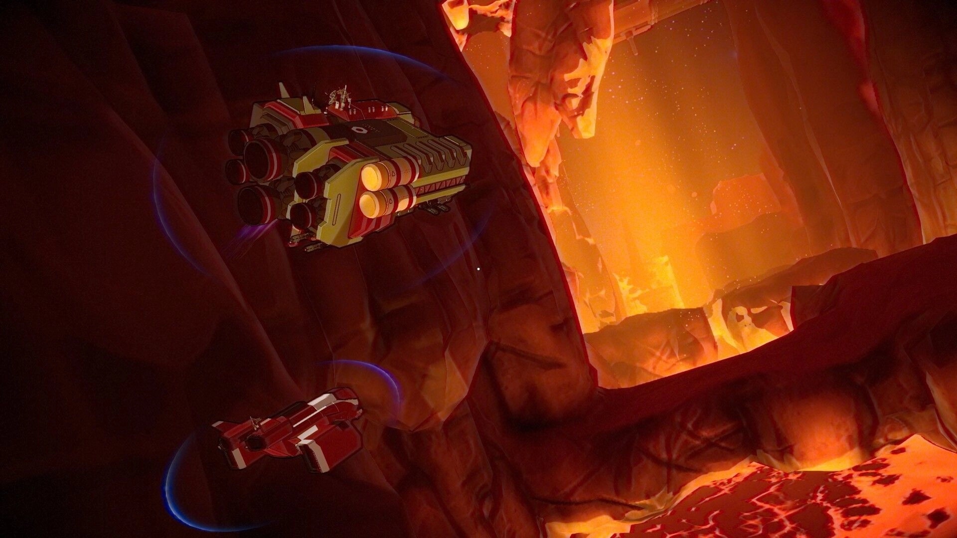 Stars of Icarus: Frigate and fighter fly through a lava-lit rocky canyon with minimal HUD visible.