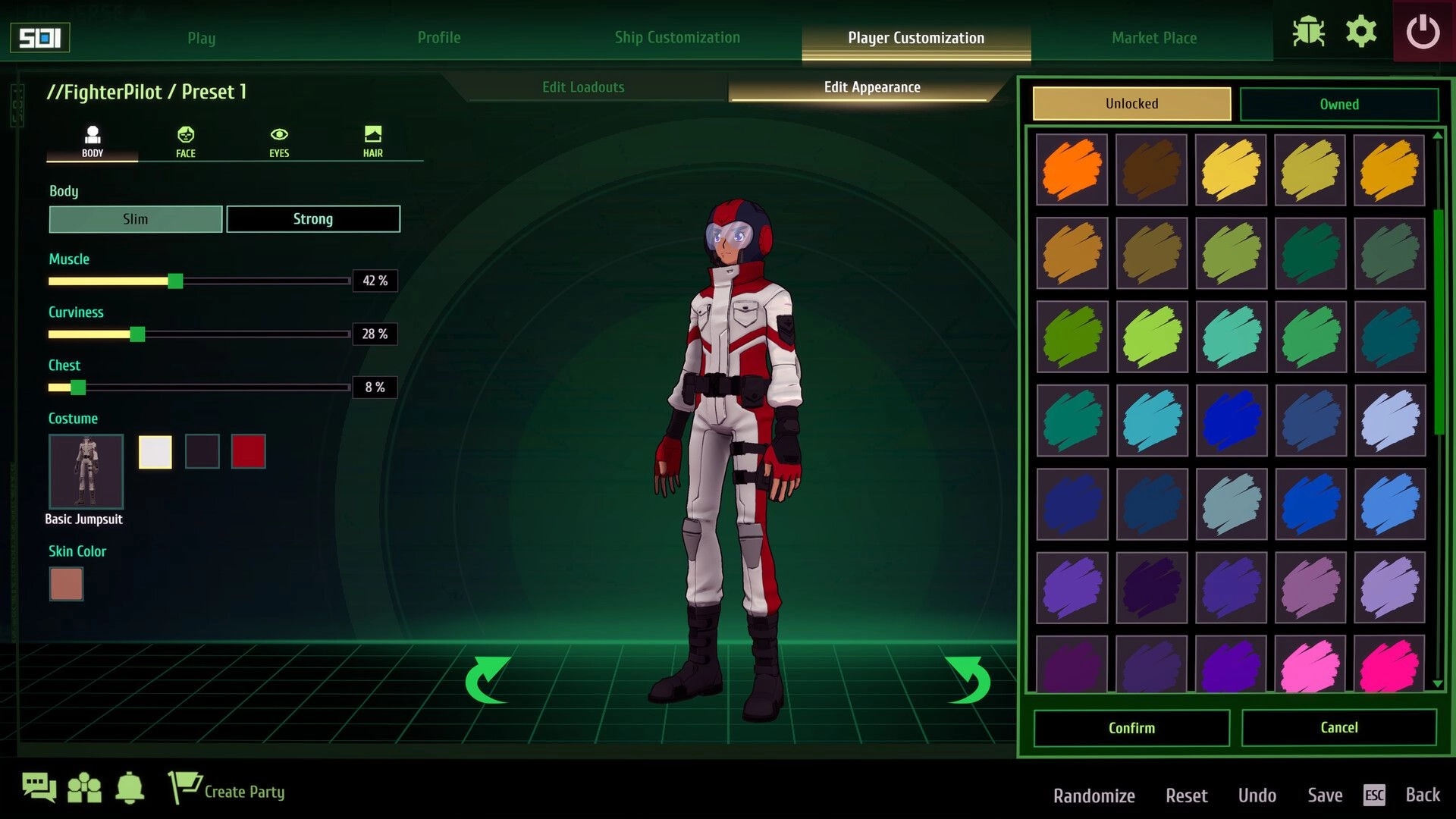 Stars of Icarus: Player customization screen editing pilot body sliders and suit colors in UI menu.