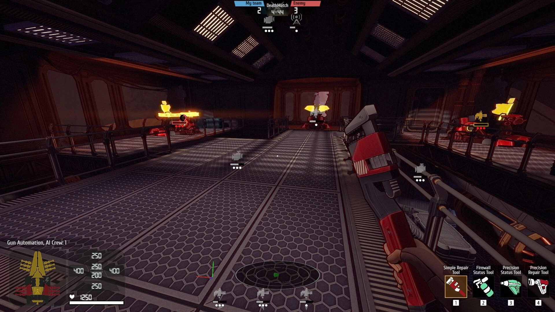 Stars of Icarus: First-person repair tool readied in a ship corridor with turrets and DeathMatch HUD.