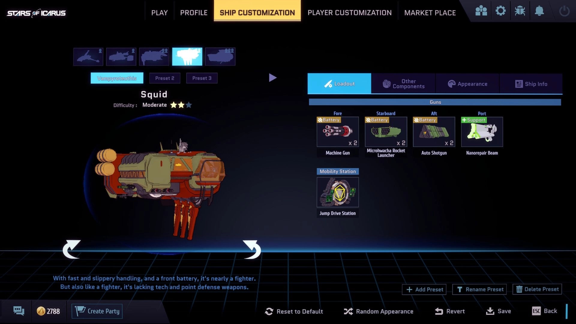 Stars of Icarus: Ship customization loadout menu for Squid frigate with guns and jump drive modules.