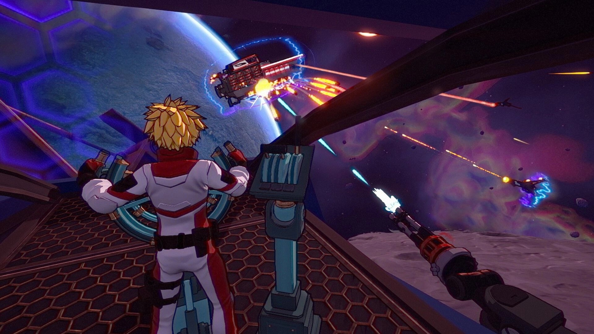 Stars of Icarus: Gunner firing ship cannon at enemy craft near a planet, lasers streaking past.