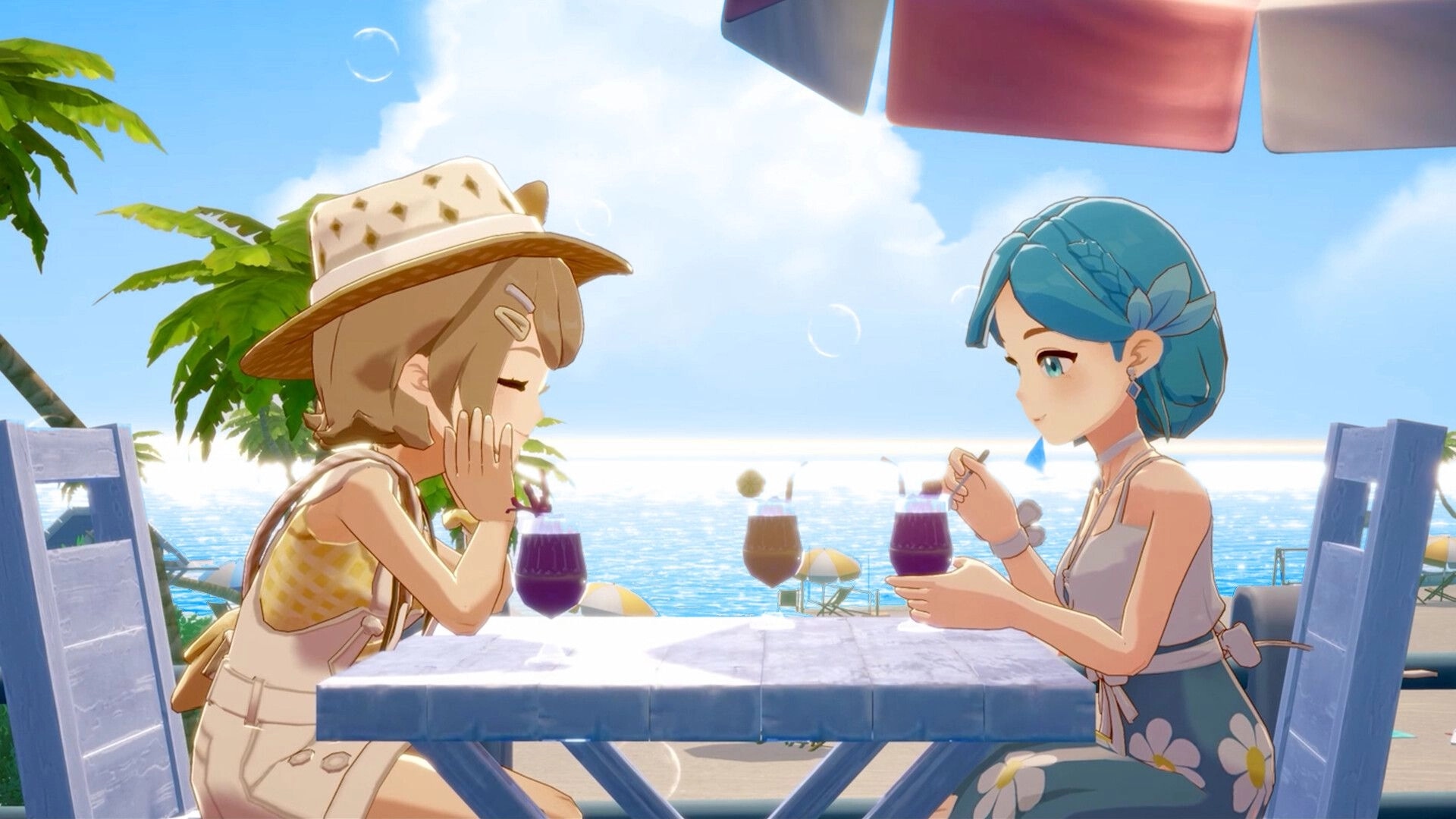 Starsand Island: Two characters enjoy drinks by the ocean under colorful umbrellas and palm trees