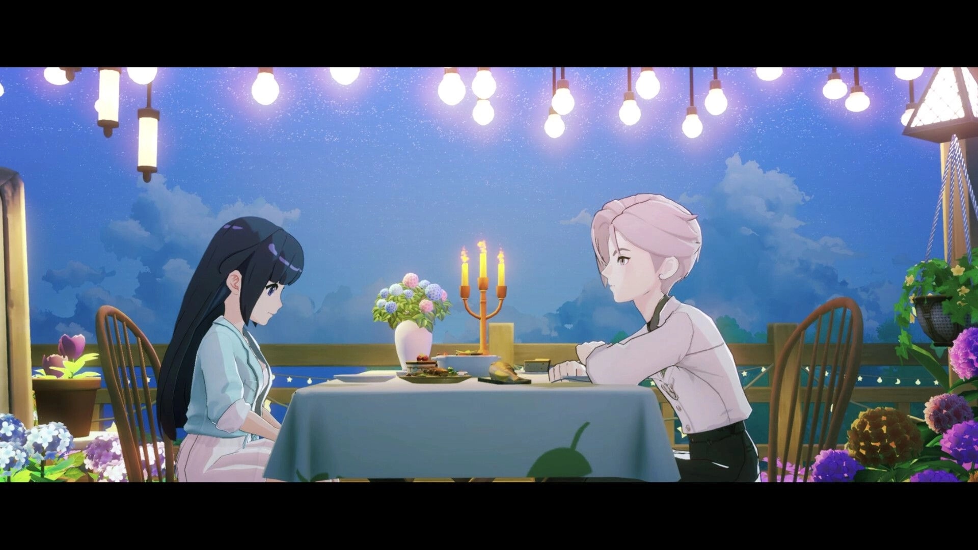Starsand Island: Two characters dining under hanging lights on a balcony with flowers and a starry sky