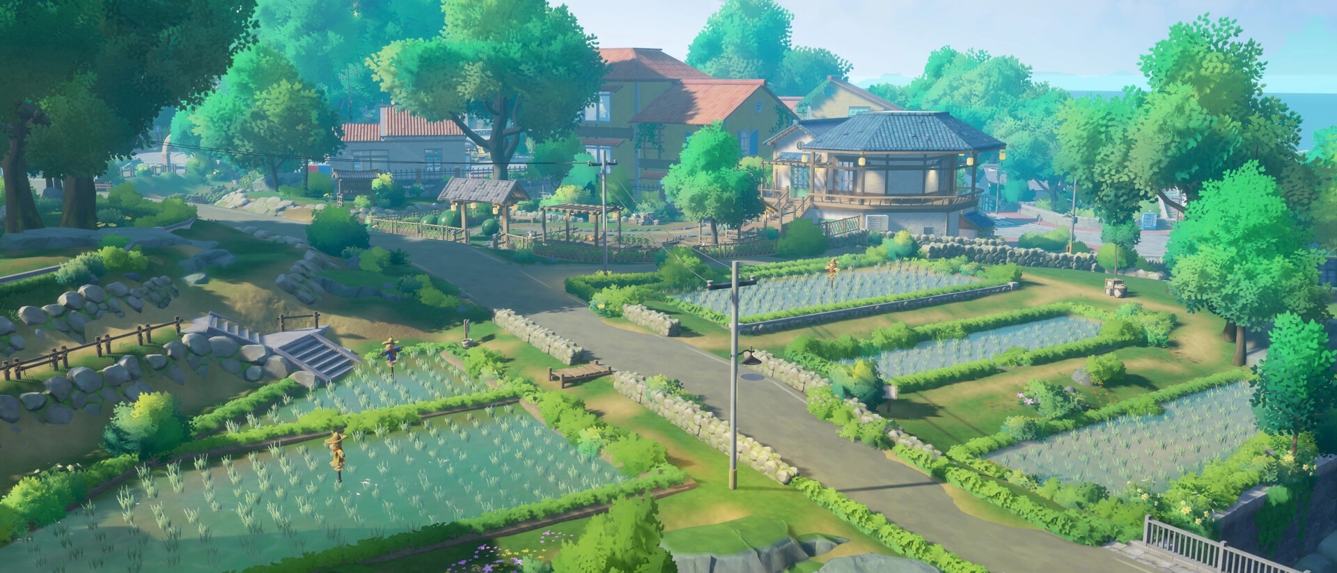 Starsand Island: Farming fields with scarecrows and lush greenery surrounding a quaint village setting