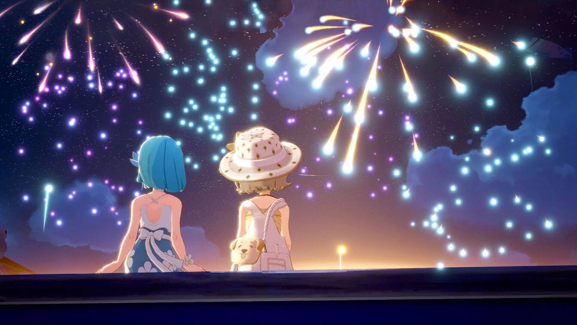 Starsand Island: Two characters watch a vibrant fireworks display in the night sky from a rooftop terrace.