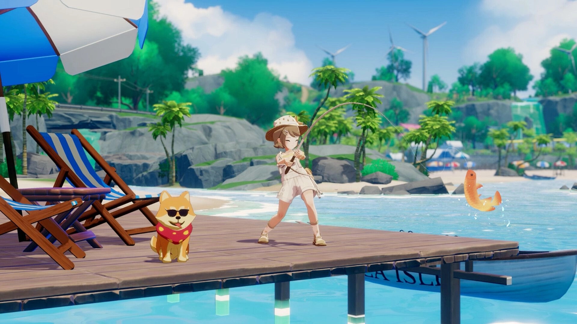Starsand Island: Character fishing on dock with dog under umbrella, lush hills and wind turbines nearby
