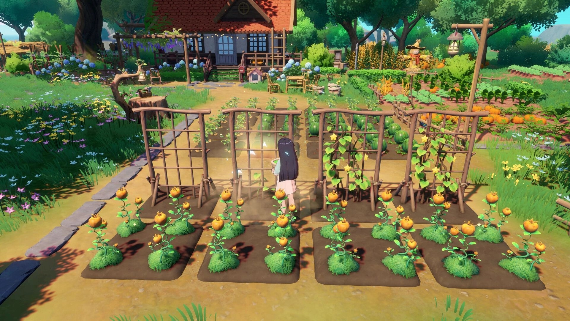 Starsand Island: Player tending to vegetable garden in vibrant farm setting with cozy cottage nearby