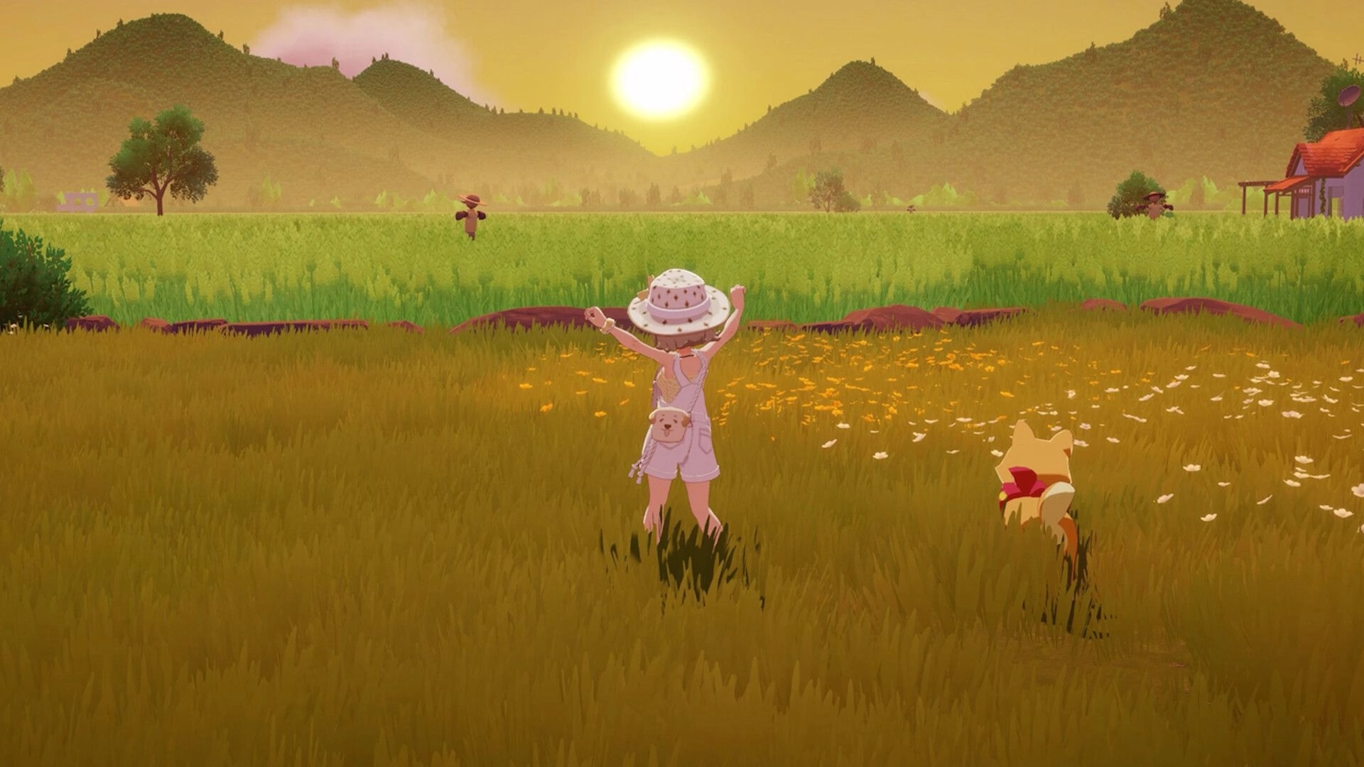 Starsand Island: Character and dog enjoy a sunset in a grassy field with mountains in the background