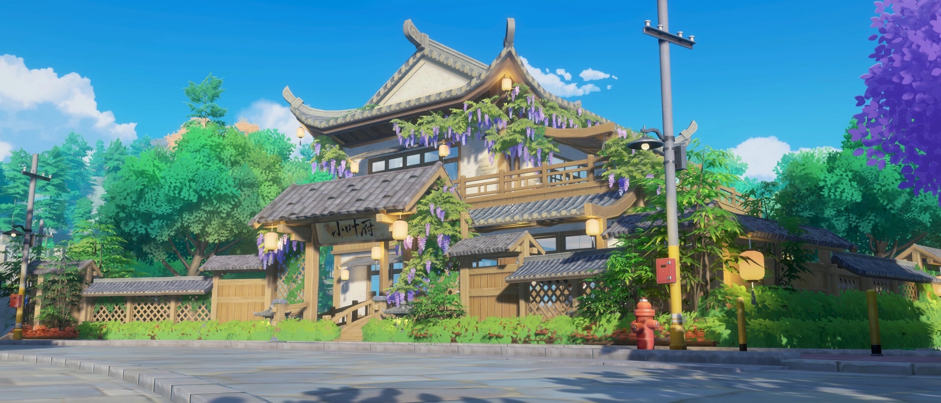 Starsand Island: Traditional wooden house surrounded by lush greenery and vibrant purple flowers